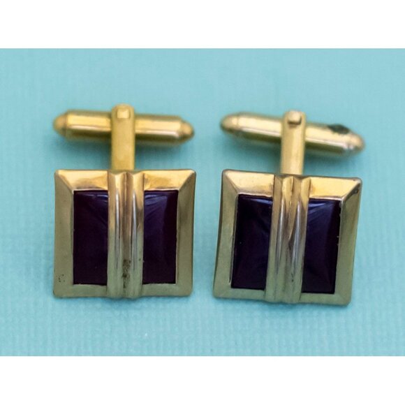 Vintage Twin Geometric Rectangles Gold Tone Cuff Links - E9 - Picture 2 of 3